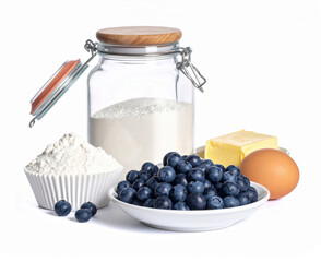 Blueberry Muffin ingredients isolated on white background. Blueberries, sugar, flour, butter, egg and muffin cups