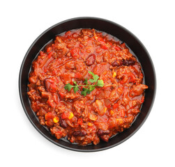 Delicious chili con carne isolated on white, top view