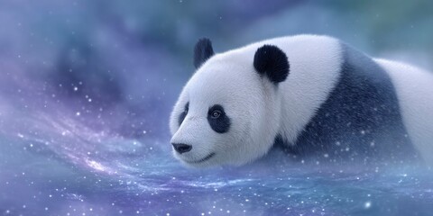 a giant panda floating in the milky way, surrounded by stars and galaxies, with an ethereal glow around it.