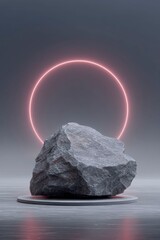 a dark grey rock with a red light ring above it, against a dark background.