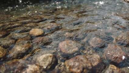 Close-up of flowing water over submerged stones in a natural, outdoor setting