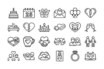 Valentine&rsquo;s Day Outline Vector Icon Set &ndash; Love, Romance, Hearts and Couples