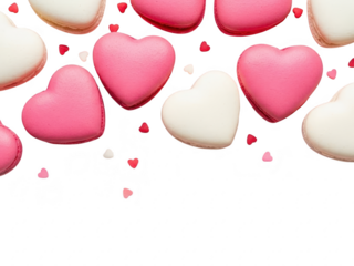 A collection of pink and white heart shaped macarons isolated on transparent background for valentines day