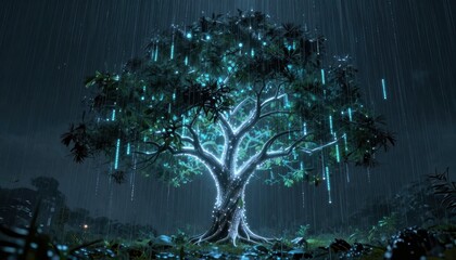 Digital tree illuminated by neon rain enchanted forest visual art nighttime dynamic imagery for captivating digital landscapes