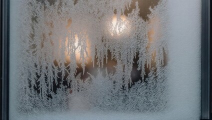 Close-up of frosty windowpane with intricate ice crystal patterns obscuring light