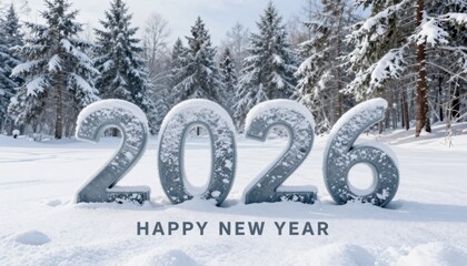 Digital tree displaying 2026 in snowy winter wonderland for happy new year celebration enchanting nature aerial view of festive environment