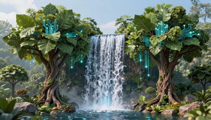 Digital transformation of nature exploring a lush forest with trees and waterfall surrounded by circuit patterns in a serene environment