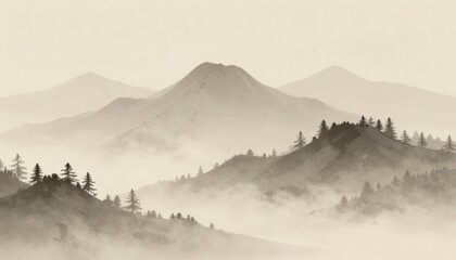 Digital tree landscape mountain range nature illustration misty environment serene viewpoint tranquility concept