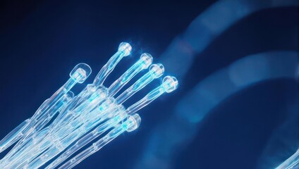 Close-up of glowing blue fiber optic cables against a dark blue background, abstract technology