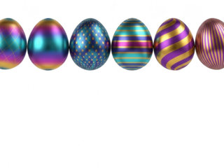 Row of colorful and shiny easter eggs on a transparent background
