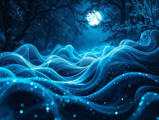 Magical moonlit night with ethereal blue glowing waves and sparkling dust in a mysterious forest, creating a fantastical and serene landscape.