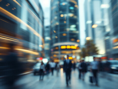 Dynamic motion blur on a bustling city street with blurred business people walking amidst modern skyscrapers and urban traffic, capturing the fast pace of city life.
