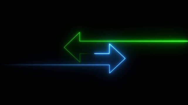 Glowing neon direction right and left arrow icon animation glowing neon pink and road sign information traffic signal moving road side sign symbol on black background.4k video animation