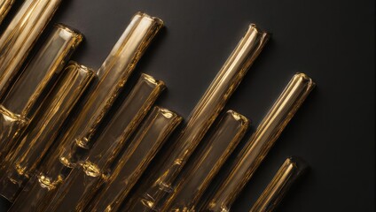 Close-up of golden, textured glass tubes on a dark background, suggesting abstract shapes