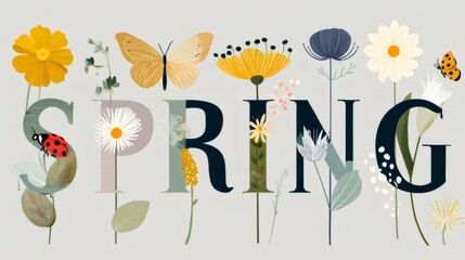Spring lettering composed of botanical elements, garden insects, and diverse blossoms, representing the beauty and vibrance of the season