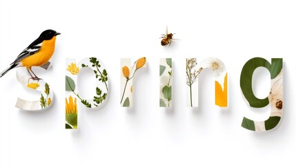 Spring typography creating seasonal collage with blooming flowers, leaves, a bird, and a flying bee