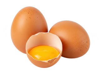 Three brown eggs one cracked open on isolated transparent background