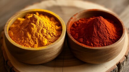 Close-Up: Vibrant Turmeric and Chili Powder in Wooden Bowls on Rustic Wood Board