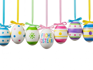 Colorful easter eggs with ribbons and bows on isolated transparent background