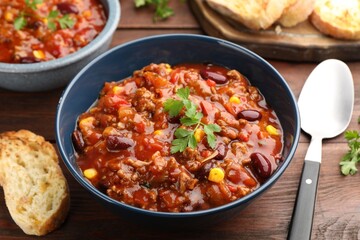 Fototapeta premium Delicious chili con carne served on wooden table, closeup