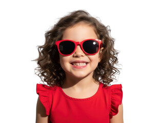 Naklejka premium Smiling little girl wearing trendy red sunglasses isolated on transparent background