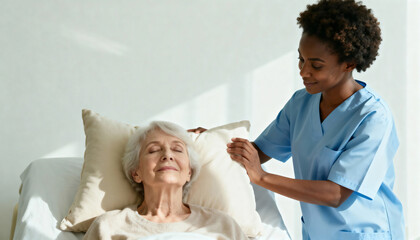 Young Black nurse adjusting pillow for elderly woman in hospital bed. Caregiver helping senior patient rest
