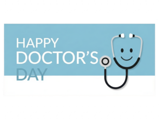 Happy doctors day banner with smiling stethoscope and text on blue background for medical professionals isolated on transparent background
