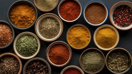 Colorful Assortment of Aromatic Spices and Herbs in Bowls, Top Down View