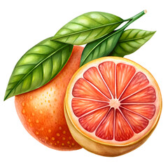Hand drawn illustration of a whole and sliced pink grapefruit with vibrant green leaves. showcasing a fresh and appetizing visual.