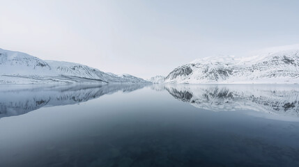 Fototapeta premium Silent Polar Mirror Lake Reflecting Snowy Cliffs