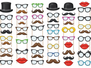 Collection of colorful photo booth props on transparent background