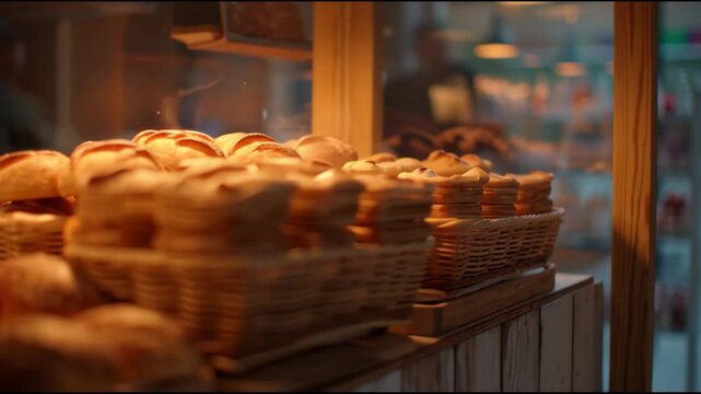 Bakery display with assorted pastries buns bread