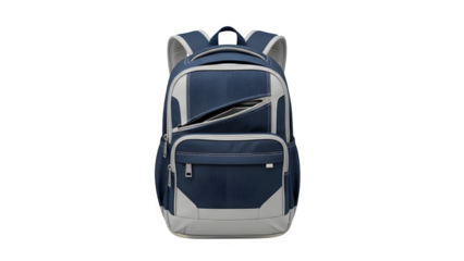 Modern blue and gray backpack for school or travel isolated on transparent background