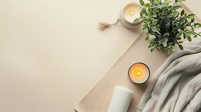 A cozy home workspace with plants, candles, and a notebook on a fur rug.