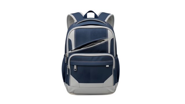 Modern blue and gray backpack for school or travel isolated on transparent background - Powered by Adobe