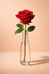 Fototapeta premium Single red rose in glass vase on beige background. A symbol of love and passion. Fresh cut flower, romantic gift, floral arrangement.