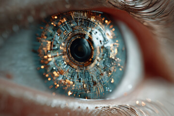 Human eye with overlay of printed circuit board. Concepts of microchip implants.