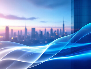 Abstract blue digital waves with modern city skyline. Futuristic background for technology, data, business, global networks, and urban development concepts.