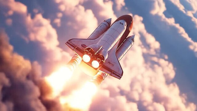 A space shuttle ascends into the atmosphere, leaving trails of fiery exhaust. The sky is a gradient of blue and pink, filled with clouds