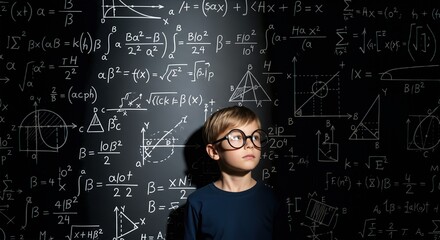 Boy with glasses in front of blackboard with mathematical formulas. An insightful close-up highlighting education. Knowledge, learning, student life.