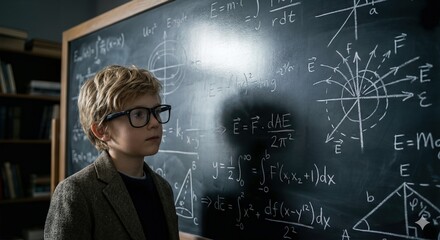 Boy in front of chalkboard with mathematical equations and diagrams. A conceptual shot of intelligence and curiosity. Academic success, future scientist, educational achievement.