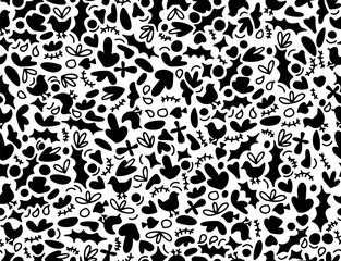 Seamless monochrome pattern with different abstract shapes.