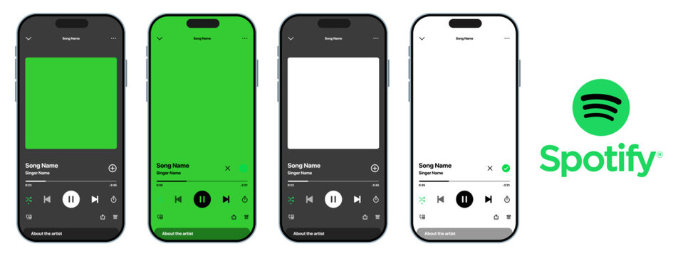 Spotify Mobile App UI Mockup Showing Music Player Screens Green Black and White Themes Song Playback Controls Playlist View Progress Bar and Spotify Logo on Smartphone
