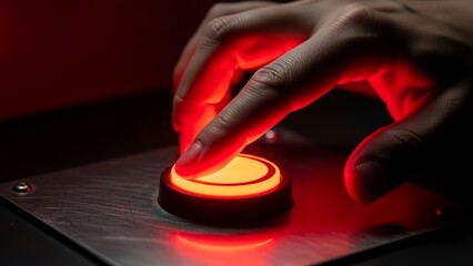 A hand presses a glowing red button on a metallic surface in a dark environment from a close-up viewpoint
