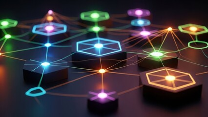 Interconnected network of vibrant, multicolored hexagonal nodes