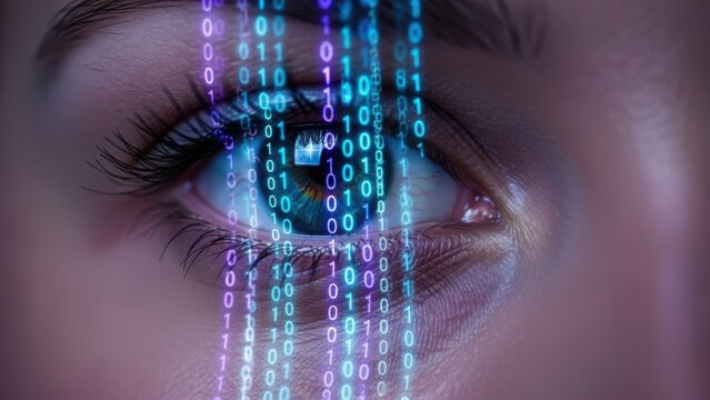 Digital eye: futuristic binary code stream through human iris - Powered by Adobe