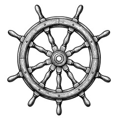 Vintage wooden ship steering wheel in hand-drawn style on transparent background  