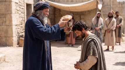 Melchizedek, king and priest, blesses Abraham after his victory, offering bread and wine (Genesis 14). A powerful, faithful depiction of a pivotal Old Testament meeting.