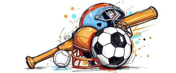 Energetic sketch of basketball, baseball bat, soccer ball, and football helmet intertwined,  sketch,  game