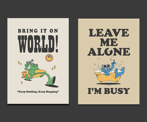 cute cartoon set, playful frog running with surfboard and grumpy cat, vector illustration ideal for posters, t-shirts, or wall art.